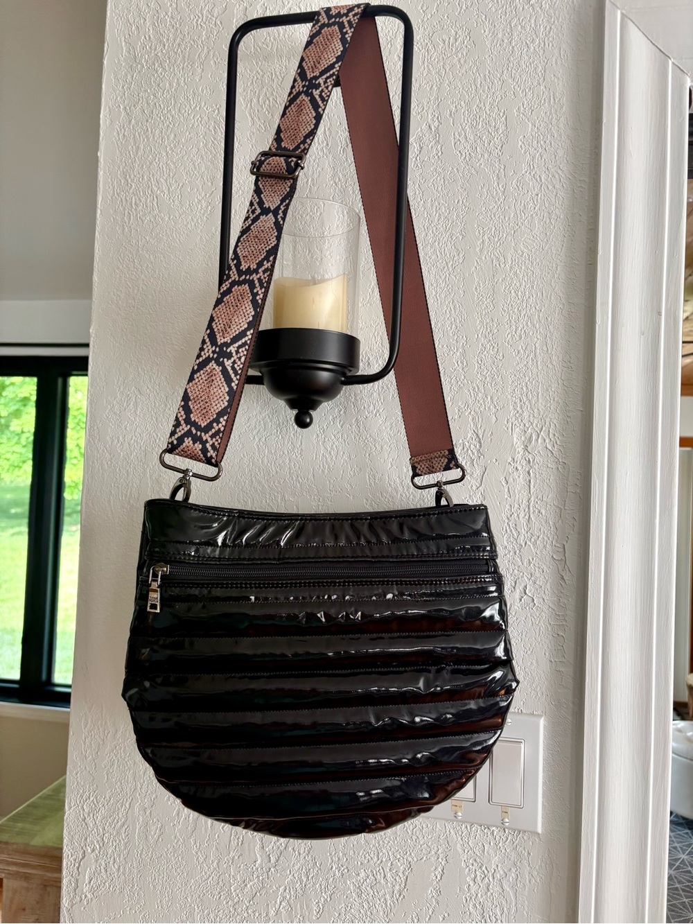 THINK ROYLYN Black Patent Quilted Crossbody Bag w/interchangeable straps